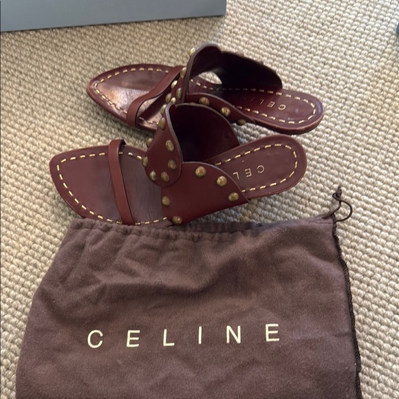 Celine Burgundy Studded Slides - Picture 1 of 5